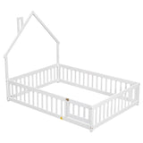Full House-Shaped Headboard Floor Bed with Fence ,White W504119481