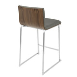 Mara 26" Contemporary Counter Stool in Brushed Stainless Steel, Walnut Wood, and Grey Faux Leather B202P222389