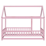 ZUN Twin Size Floor Wooden Bed with House Roof Frame, Fence Guardrails,Pink W504P174635