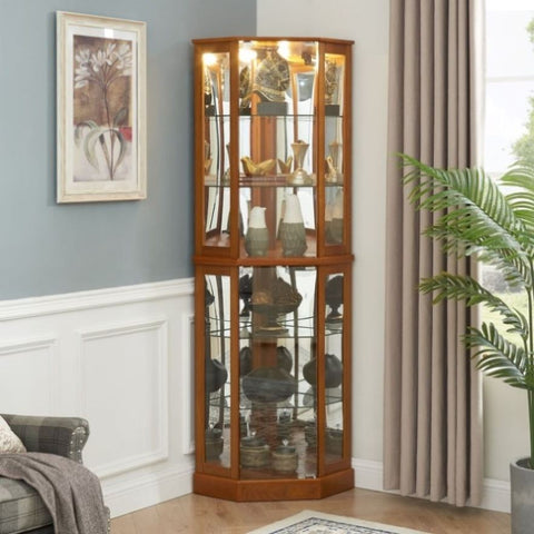 ZUN 6 Shelf Corner Curio Display Cabinet with Lights, Mirrors and Adjustable Shelves, Oak 07189603