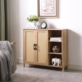 Mid-Century Modern Storage Cabinet with Woven Rattan Doors, Open Shelves & Adjustable Shelves W3151P288913