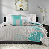 6 Piece Printed Cotton Quilt Set with Throw Pillows Aqua Full/Queen B03597445