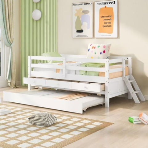 ZUN Low Loft Bed Twin Size with Full Safety Fence, Climbing ladder, Storage Drawers and Trundle White WF312991AAK