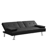 ZUN sofa bed with Armrest two holders WOOD FRAME, STAINLESS LEG, FUTON BLACK PVC W214101864