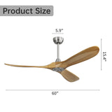 60 Inch Outdoor Ceiling Fan Without Light 3 Solid Wood Blade with DC Motor Remote Control W934P156670