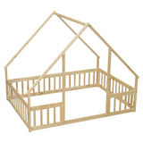 Full Wood House-Shaped Floor Bed with Fence, Guardrails,Natural W504P143295