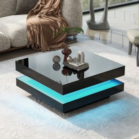 ZUN ON-TREND High Gloss Minimalist Design with LED Lights, 2-Tier Square Coffee Table, Center Table for WF295997AAB