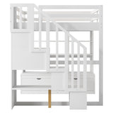 ZUN Full Size Loft Bed with Desk and Shelves, Two Built-in Drawers, Storage Staircase, White 35920794