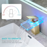 Bathroom Sink Faucet LED Light 3 Colors Changing Waterfall Glass Spout Hot Cold Water Mixer Single W1932P148106