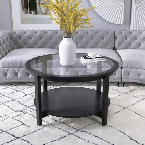 ZUN Round glass top solid wood storage coffee table, black W848120036