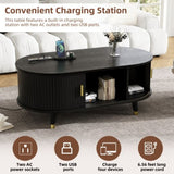 42.5"W Wooden Oval Fluted Coffee with Charging Station, Mid-Century Center N721P297572B