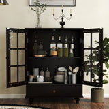 Minimalist Black Buffet Cabinet with Double Glass Doors and Drawer, Modern Wooden Storage Sideboard 26388624