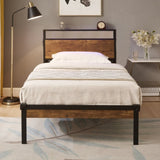 Twin Size Metal Platform Bed Frame with Wooden Headboard and Footboard with USB LINER, No Box Spring W311134483