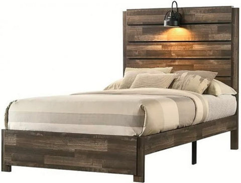 ZUN 1pc Rustic Style Butcher Block Finish Weathered Brown Finish Full Size Bed w/ Lamp Wooden Bedroom B011P230853