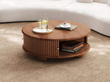 Round Fluted Coffee Table with Storage, Pine Solid Wood, Sliding Door, Walnut, 31.8" 90275322