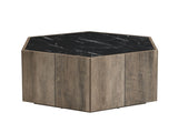 Hexagonal Rustic Retro Wood Coffee Table, with 2 Hidden Drawers, Textured Black Marble Tops, Light N770P309823L