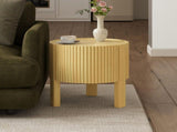 Round Fluted Side Table with Storage for Living Room, Rubber Solid Wood, Soft-close Door, Natural, N735P369881N