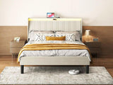 Queen Size Platform Bed Frame with Fabric Headboard and Wooden Slats Support, Fully W2889P272596