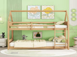 Twin Over Twin House Floor Bed with Headboards, Footboards and Guardrails, Ladder, Rubber Wood W504P227942