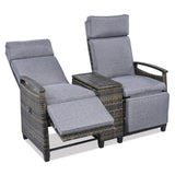 Patio Recliner Loveseat Chair, Adjustable Backrest Wicker Outdoor Lounge Chair Set with Acacia Wood 98839028