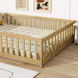 Full Size Floor Bed with Fence and Door,Rubber Wood Floor Bed with Safety Guardrails,Natural W504P296787