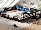 Corner Bed Frame Twin Size with Bookcase and 2 Underbed Storage Drawers, Modern Twin Bed with LED W1670P357170