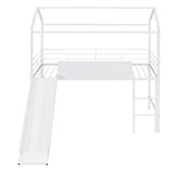 Metal House Bed With Slide, Twin Size Metal Loft Bed with Two-sided writable Wooden Board MF294384AAK