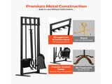 5-Piece Fireplace Tool Set with Square Stand, Includes Tongs, Ash Shovel, Brush, Poker, and Wrought 94136502