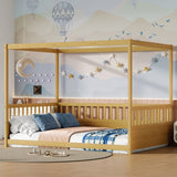 Full Size Canopy Bed Frame with Guardrails for Kids,Floor Bed Full with Four Poster Design,Kids W1858P252841