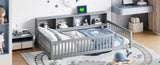 Wood Twin XL Size Floor Bed with Storage Cabinets and USB Ports, Gray N709P205811E