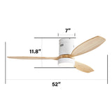 ZUN 52 Inch Flush Mount Ceiling Fan DC 3 Solid Wood Fan Blade Noiseless Reversible Motor Remote Control W934P146081