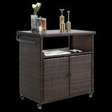 ZUN Outdoor Wicker Bar Cart, Patio Wine Serving Cart w/Wheels , Rolling Rattan Beverage Bar Counter W640P175461