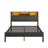 Full Size Bed Frame with Storage Headboard, Metal Platform Bed with Charging Station, Bookcase W840P201068