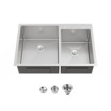 33"x19" Embedded Double Bowl Kitchen Sink, Overmount Handmade Sink in Brushed T3177P296190