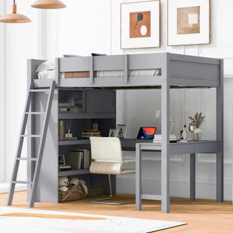 ZUN Full Size Loft Bed with Desk and Shelf - Gray 55051044