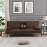 ZUN Sofa Bed with Armrest two holders WOOD FRAME, STAINLESS LEG, FUTON BROWN PVC W2297P164939