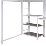 ZUN Full Size Loft Bed with Desk and Whiteboard, Metal Loft Bed with 3 Shelves and Ladder, White 62617184