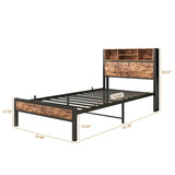 Twin Size Bed Frame with Storage Headboard, Metal Platform Bed with Charging Station, Bookcase 04195824