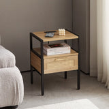 ZUN 15.75" Rattan End table with Power Outlet & USB Ports , Modern nightstand with drawer and metal W1265121767