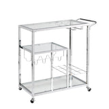 ZUN Contemporary Chrome Bar Serving Cart Silver Modern Glass Metal Frame Wine Storage 43465421