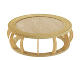 35.43"Vintage Rattan Solid Wood Round Coffee Table, Curved Legs Boho Accent Table for Dining Room, W757P383547
