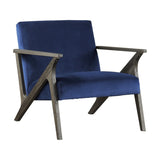 ZUN Retro Style Velvet Upholstered Blue Accent Chair 1pc Solid Rubberwood Antique Gray Finish Modern B011P182643