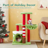 32in Cat Scratching Posts Tower with Cat Condo and Hammock, Christmas Themed Plush Cat Tree with Cat 13527458