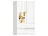 White Wardrobe Closet with Mirror Door, 2 Doors & 2 Drawers Storage Cabinet with LED Sensor Light, 36362195