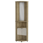 ZUN Chicago 75" H Mirrored Corner Bar Cabinet, With Glass Doors, Two Shelves and Stemware Macadamia B070P214553