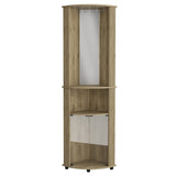 ZUN Chicago 75" H Mirrored Corner Bar Cabinet, With Glass Doors, Two Shelves and Stemware Macadamia B070P214553