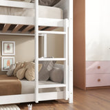 Twin Over Twin House Floor Bed with Headboards, Footboards and Guardrails, Ladder, Rubber Wood W504P227972
