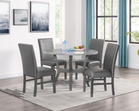ZUN Beautiful 5-Pc Round Gray Stone Table Glitter Gray Finish Upholstered Chairs Room Wooden B011P184963