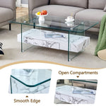 ZUN 43.3 Inch Modern Two-Tier Coffee Table - Clear Tempered Glass and White Marble Texture, W1151P232633