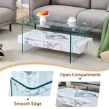 ZUN 43.3 Inch Modern Two-Tier Coffee Table - Clear Tempered Glass and White Marble Texture, W1151P232633